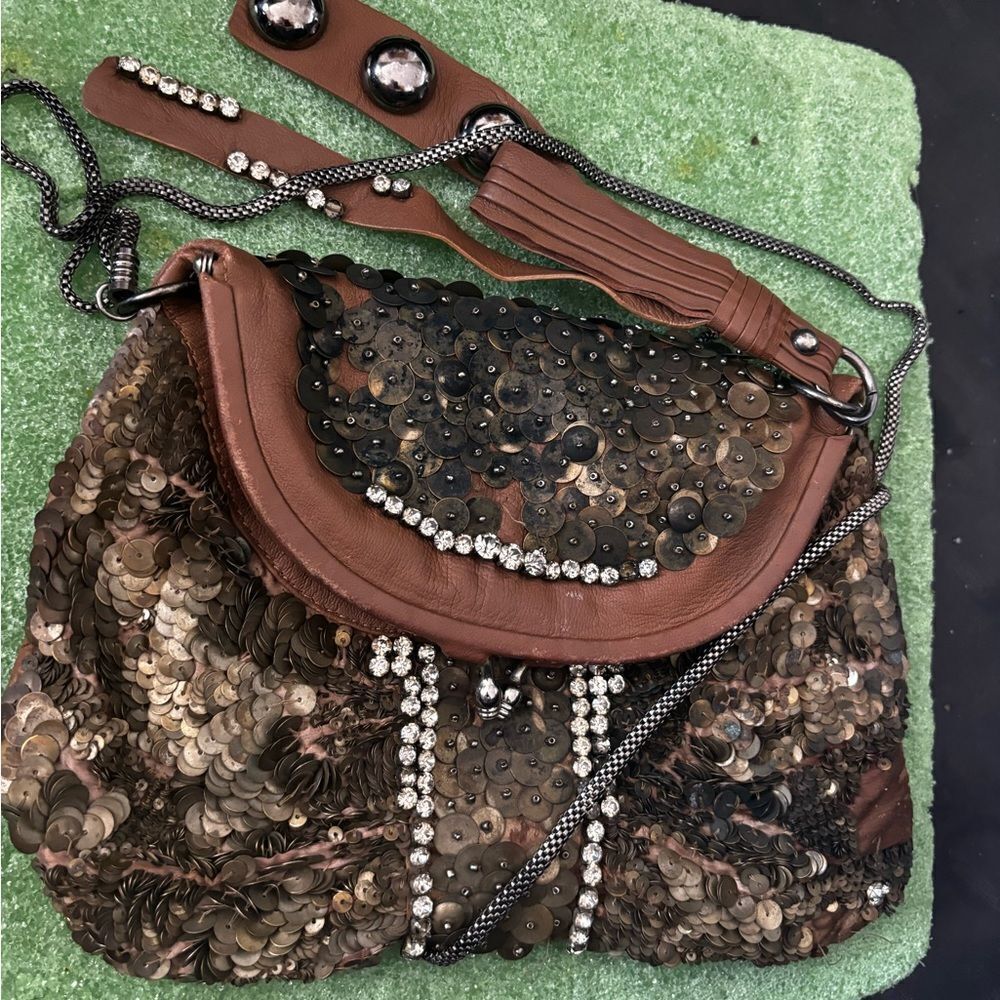 Hoss Intropia handbag beaded dress wristlet purse metal sequined cross body y2k